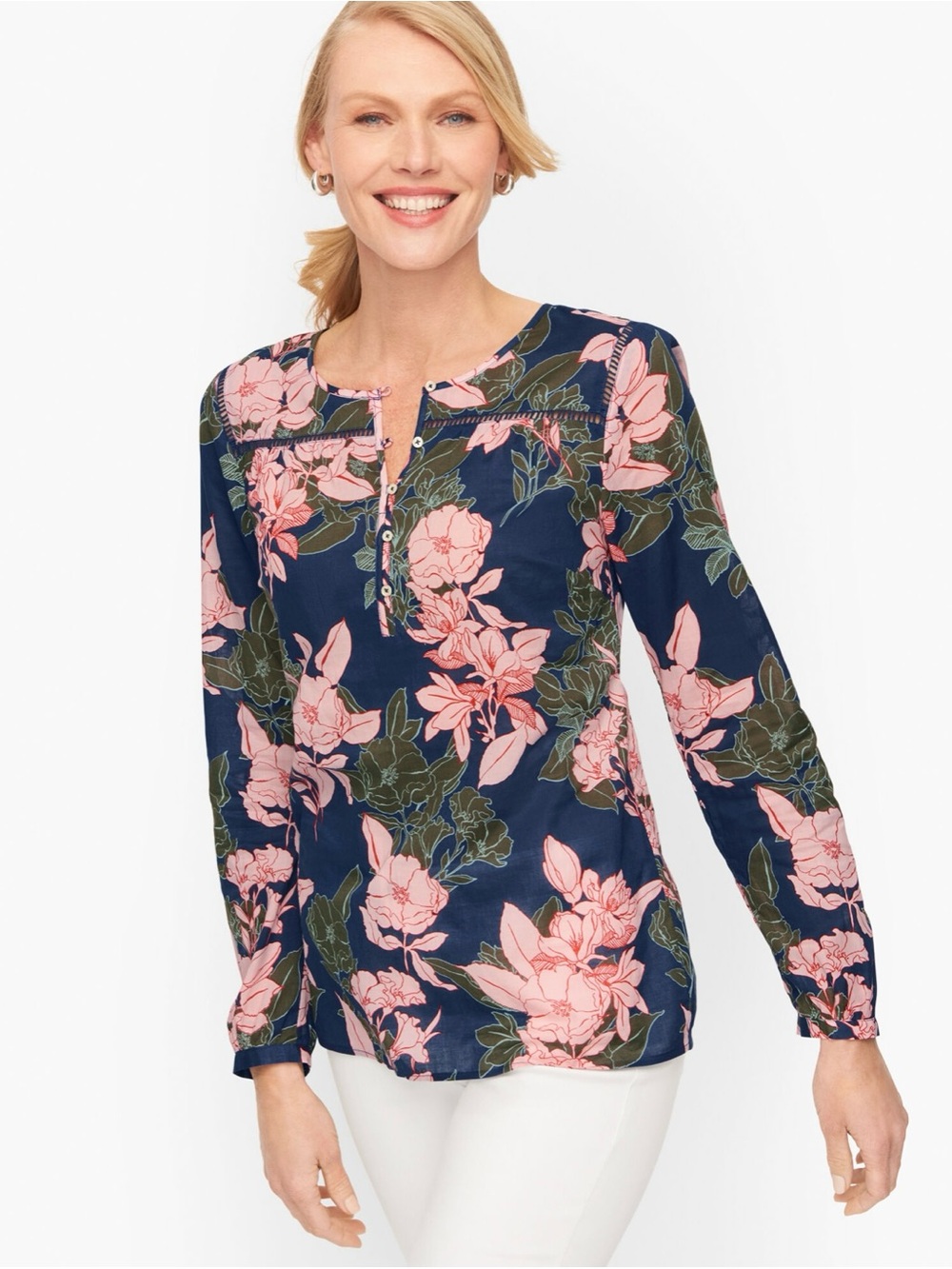 Talbots Navy Floral Henley Blouse with Pink Flowers Airy Light Fabric | 2XP